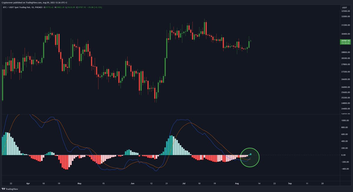 cryptorover's tweet photo. #Bitcoin Flips bullish on the Daily MACD!🔥👇 https://t.co/UfmJp6UAkZ