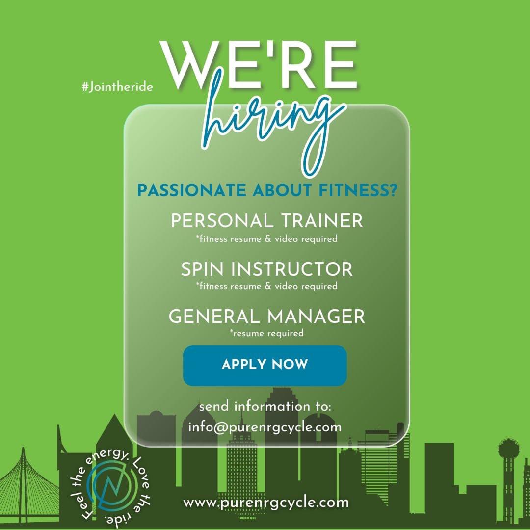 purenrgcycle's tweet photo. Passionate about the indoor cycling world? Join the ride at PureNRG Cycle! We're searching for a dedicated Personal Trainer, charismatic Spin Instructor, and visionary General Manager to pedal alongside us. Let's spin towards greatness together! #purenrgcycle #nowhiringdallas https://t.co/kka24k5BKg