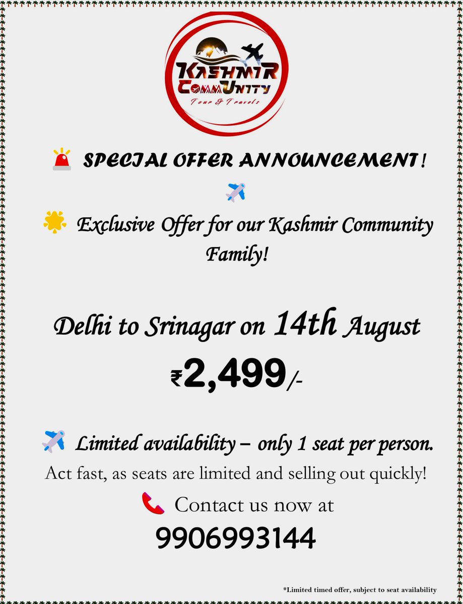 kashmirnity's tweet photo. 🌟✈ Unbeatable Travel Deals Await! 

Delhi to Srinagar: Tomorrow ₹2700/-
Srinagar to Mumbai: ₹4090/-
Mumbai to Srinagar: ₹4090/-

Exciting discounts available on all domestic routes!  WhatsApp: https://t.co/DUvE6zON26

#kashmir #Srinagar #delhi #Mumbai https://t.co/RNPiO2gBiR