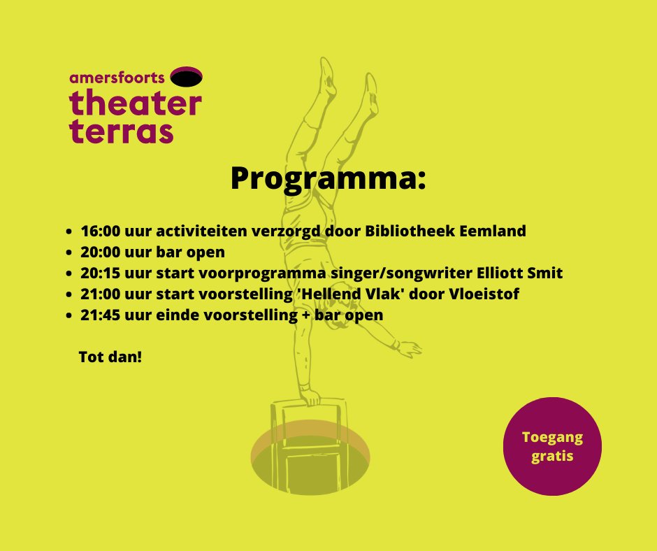 Ons programma is bekend! 🙌

Zien we jou ook op zaterdag 12 augustus?

Locatie: hoek Tjalkweg/Eemzijde 

De Bibliotheek Eemland 
Elliott Smit 
Stichting Vloeistof