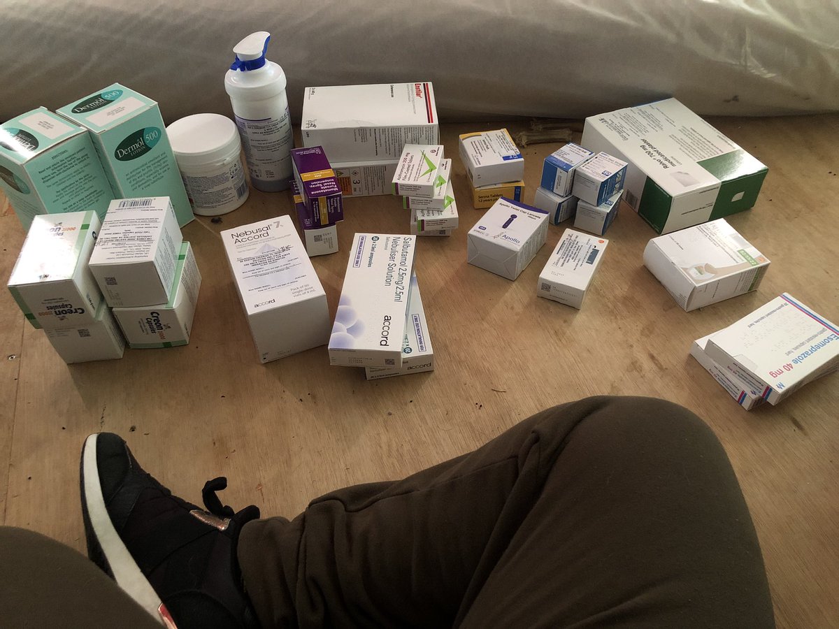 TransManKnits's tweet image. Prescription day for me and this isn’t all of it. I have one item missing and 2 that get home delivered. I’m fortunate enough to live in Scotland and get free prescriptions, but that isn’t a reality for every #cfwarrior