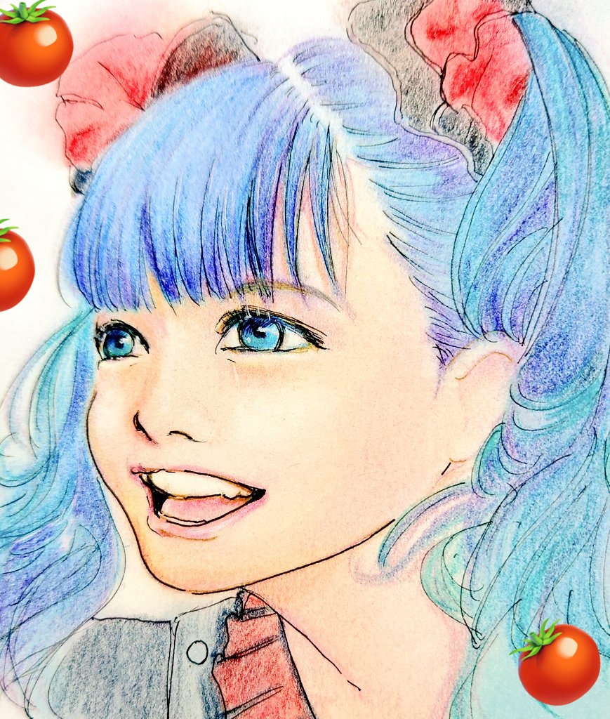 solo 1girl blue eyes blue hair traditional media twintails open mouth  illustration images