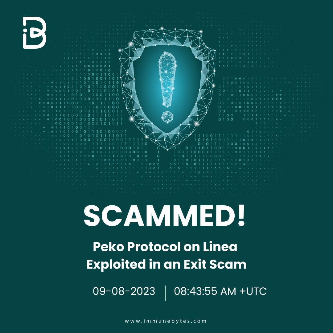 On Aug 9, @PekoProtocol (PEKO) on @LineaBuild  was exploited in an exit #scam. 

All the social media handles including Twitter, Discord, app, and presale website have all been taken down.

Contract: bit.ly/3OOUYpF 
#CryptoCommunity #web3 #blockchain #CRYPTONEWS #crypto