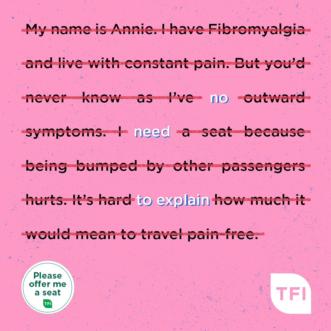 Luas's tweet photo. Travelling with a hidden disability or other condition? There's #NoNeedToExplain with the TFI "Please Offer Me a Seat" badge &amp; card. To see the locations where you can pick up a #POMAS badge &amp; card please visit https://t.co/TWxlgozrL9. https://t.co/ZjvzCbCVHo