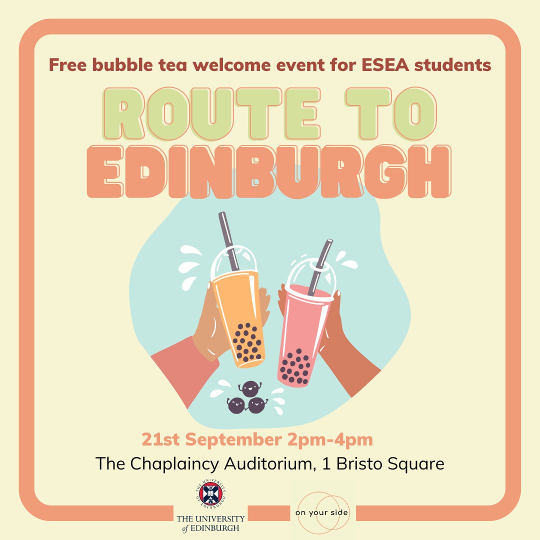 ROUTE TO EDINBURGH: Welcome Event for all *East &amp; Southeast Asian Students*
Thursday 21st September, 2-4pm, Chaplaincy Auditorium
FREE Bubble Tea welcome and workshops!
Part of <a href="/besea_n/">besea.n</a>'s East &amp; Southeast Asian heritage month #ESEAHM2023
Book here: bit.ly/route2edinburgh