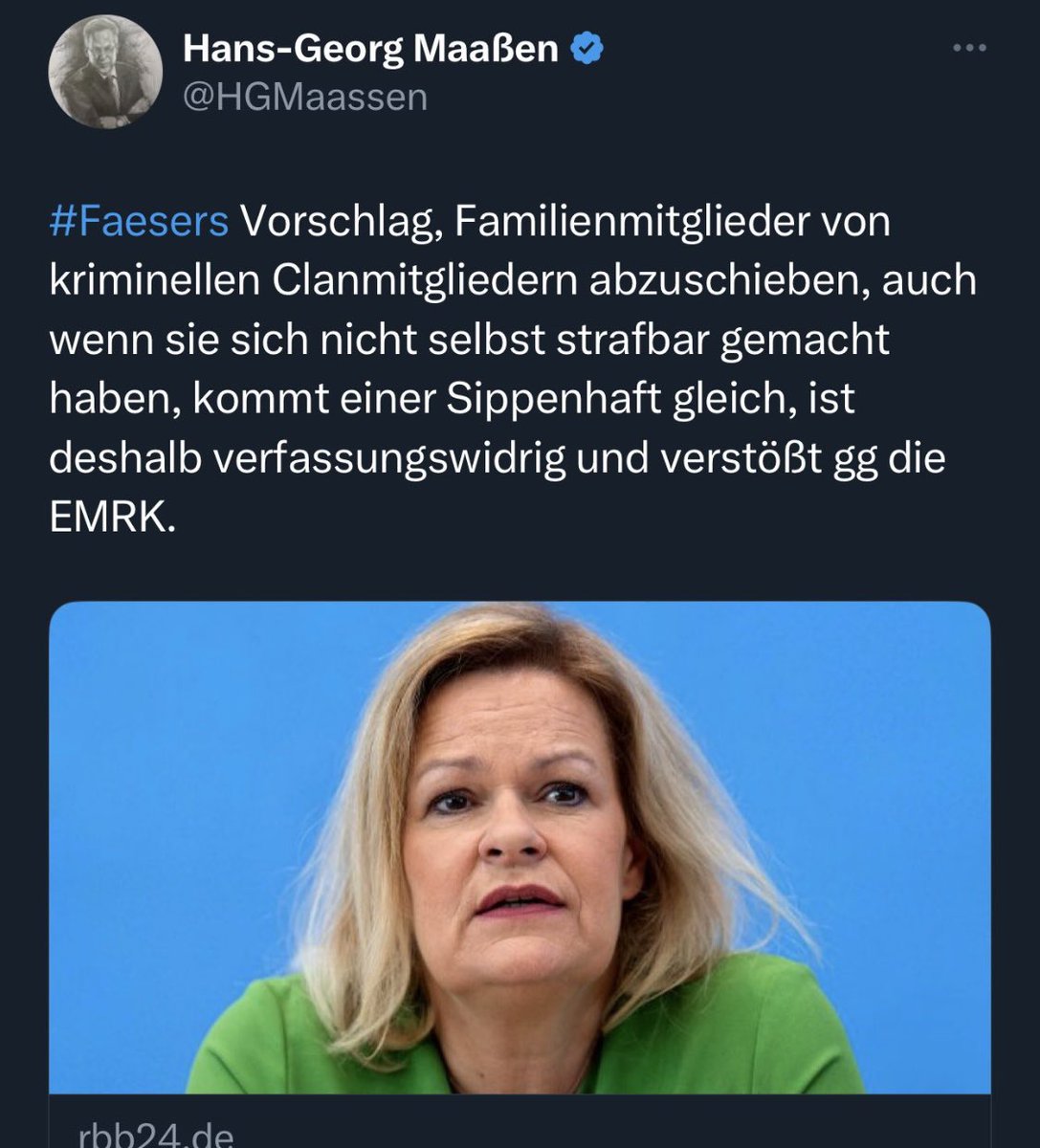 SusanneFerschl's tweet photo. Während sogar Maaßen (!) #Faeser wegen ihres Vorschlags der „Sippenhaft“ kritisiert, weil diese verfassungswidrig ist, kommt Zuspruch vom #SPD-Minister…Ey #SPD, was läuft eigentlich so dermaßen schief bei Euch?? https://t.co/clxnRuBYxH