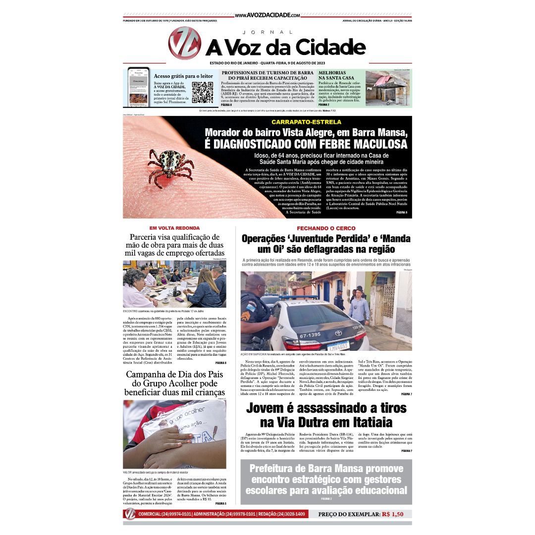 Confira a #CapaDoDia do jornal 𝘼 𝙑𝙊𝙕 𝘿𝘼 𝘾𝙄𝘿𝘼𝘿𝙀desta quarta-feira, dia 9 de agosto.
Acesse gratuitamente a versão on-line 👉🏽 👉🏽 bit.ly/45cfNRo.
Para mais notícias acesse o 👉🏽 👉🏽avozdacidade.com.
Boa leitura!