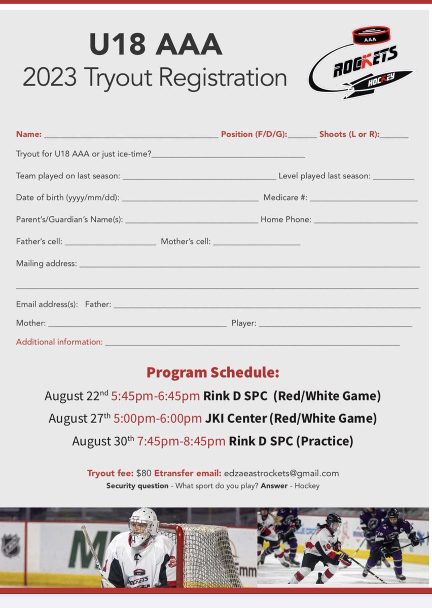 MonctonRockets's tweet photo. The Rockets are happy to announce the tryout dates for the 2023-24 Hockey Season. Attached is the Registration Form and if you have any questions please reach out to 

edzaeastrockets@gmail.com https://t.co/IThpndresn