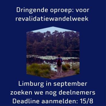 Tijdens de revalidatiewandelweek Limburg van 23 t/m 29 september wandel je met 5 anderen met een visuele beperking, 3 professionals en 3 buddy’s. Het is een unieke kans om je rugzak een stukje lichter te maken. Aanmelden tot 15/8.  Lees meer op visio.org/nl-nl/wandelwe…
