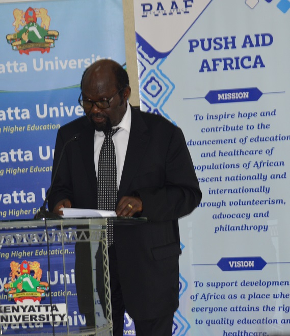 Prof. Bonaventure M. Okello Agina, Executive Dean, School of Health Sciences gives his opening remarks during the opening of the 6th Annual Africa Interdisciplinary Health Conference Theme: Mitigating Pandemics, Climate Change & Chronic Diseases in Africa: The role of…