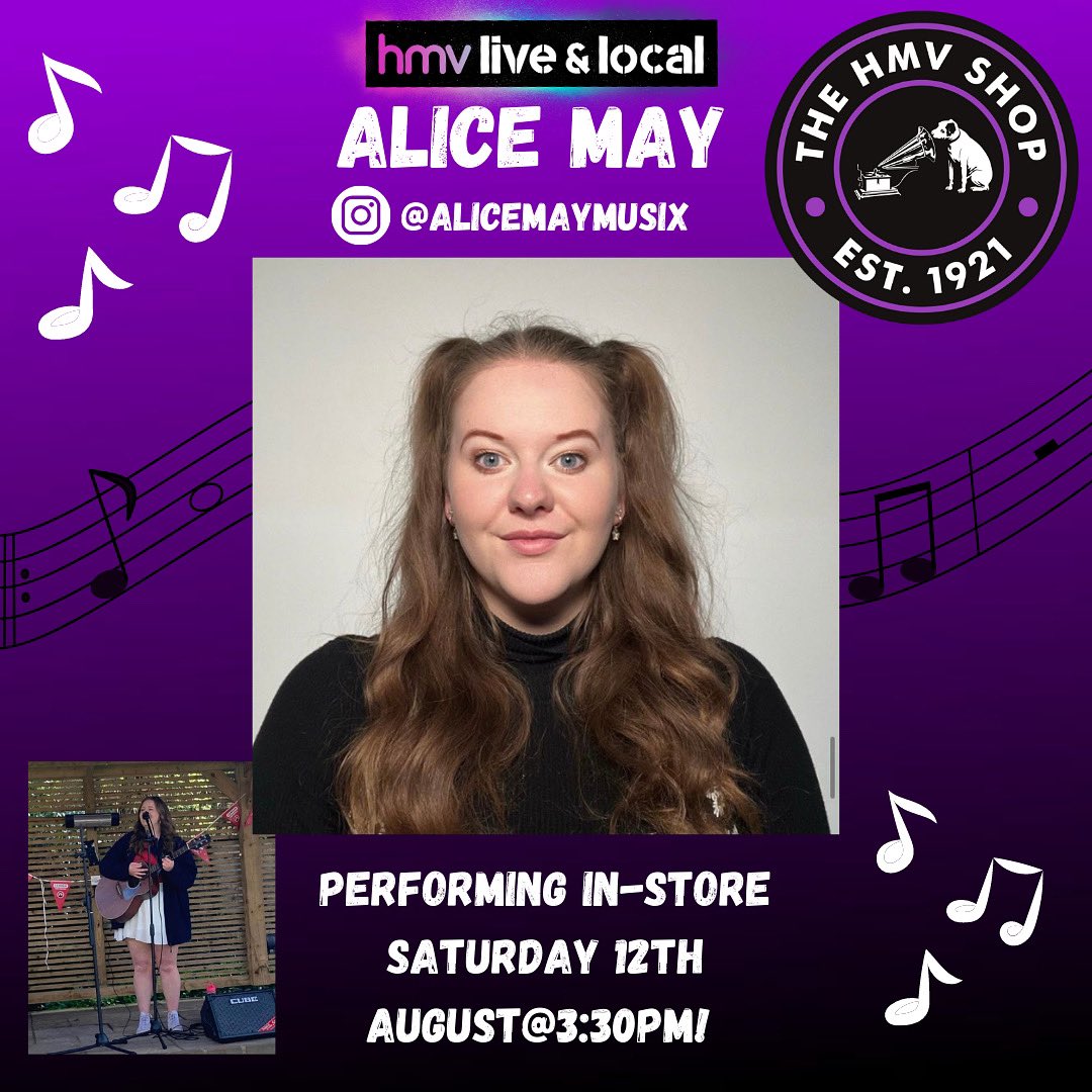 🎶💜 Live & Local! 💜🎵 We’re thrilled to announce @alicemaymusix will be performing in store for us on Saturday 12th August at 3:30pm. Don’t miss out! It’s gonna be great 🥳💜🖤 #hmv #hmvliveandlocal #hastings #livemusic