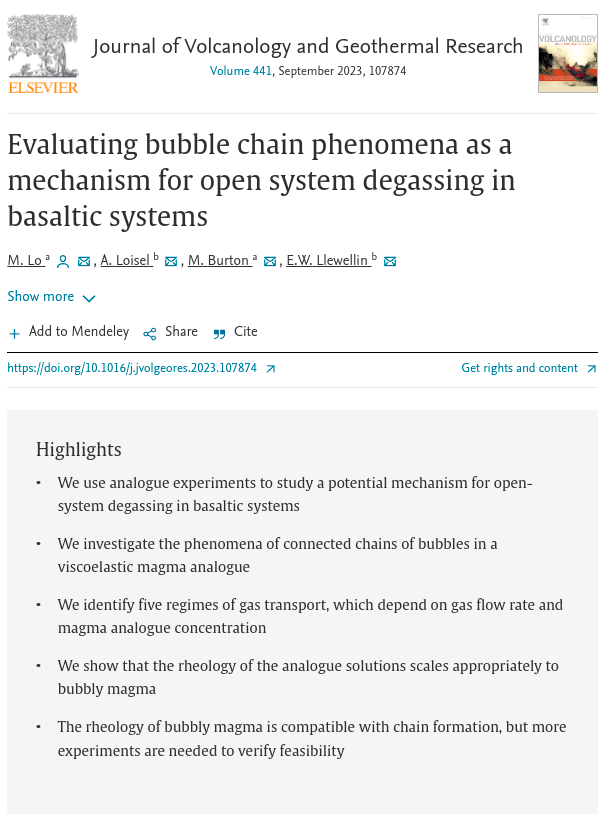🌋Super excited to share my 2nd paper! 🫧 Could bubble chains facilitate open system degassing in basaltic systems? Answer: it's possible, but more complex experiments are needed! Check out the full paper here (free for the next 50 days): authors.elsevier.com/a/1hYWL1LkU3g7…