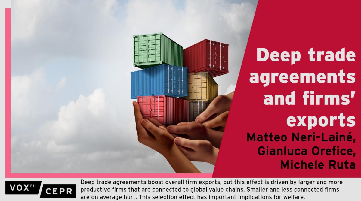 voxeu's tweet photo. Developing nations use #DeepTrade deals to enhance #exports, yet such pacts largely favour big productive firms linked to global value chains while smaller ones suffer, with implications for welfare.
M Neri-Lainé, G Orefice @Paris_Dauphine, M Ruta @IMFNews
https://t.co/dQqpENxFRV https://t.co/atw54Zk358