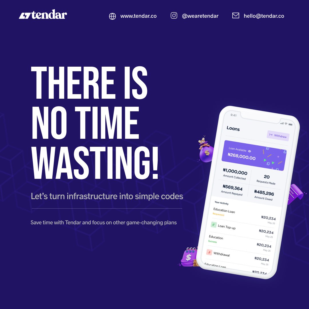 wearetendarr's tweet image. Why waste time to go-to market when Tendar can you turn infrastructure to simple codes in matter of days while you focus on other aspects of your lending business.
#lendingasaservice #lendingapi #lendinginfrastructure #lendingasaservice #lendingsoftware #lendingsolutions