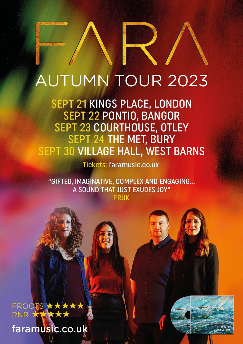 🍁🍂 AUTUMN DATES 🍂🍁

Delighted to announce a run of gigs across the UK this September!

21st - @KingsPlace 
22nd - @Pontio
23rd - @OtleyCourthouse 
24th - @themet 
30th - @westbarns_hall 

Where will we see you?! ✨

🎟️ faramusic.co.uk 🎟️

#fara #autumn #tour #uk