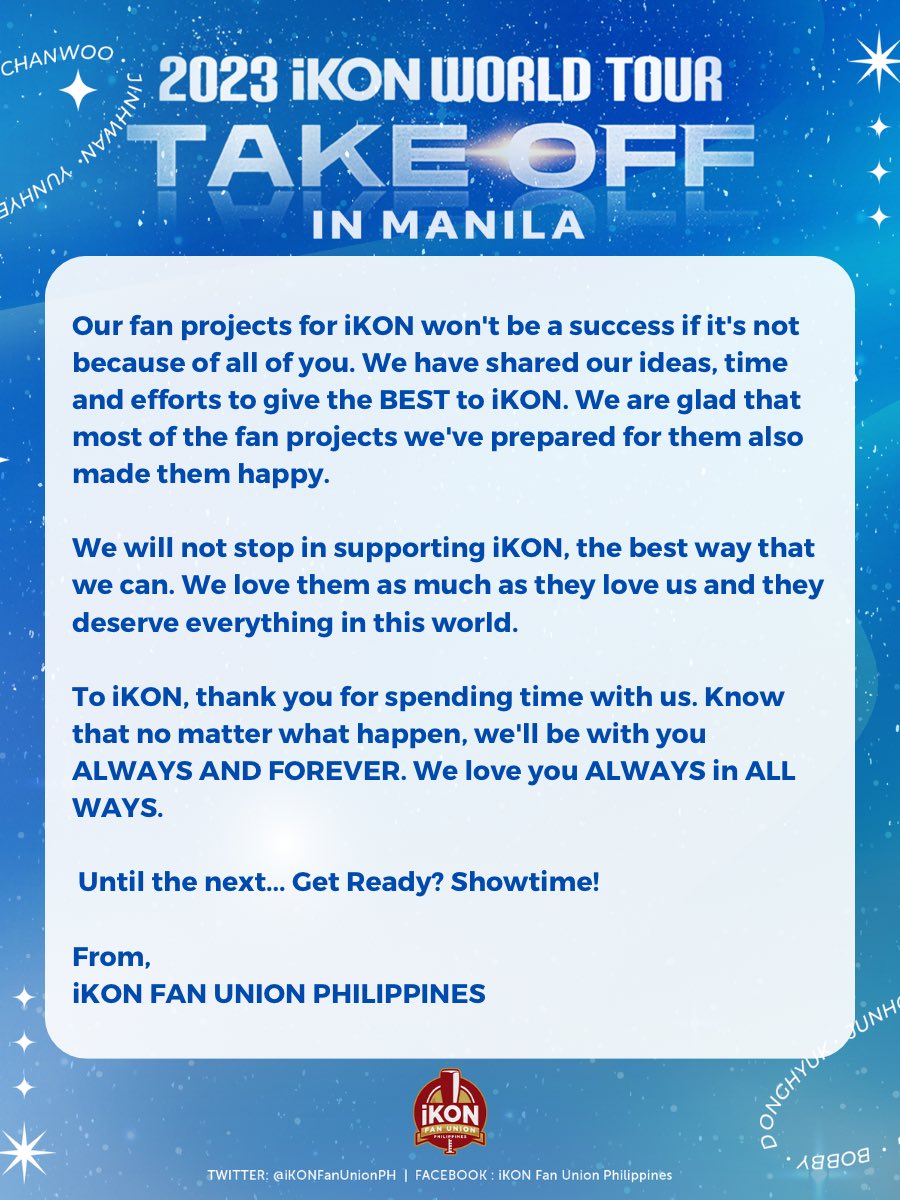 iKONFanUnionPH's tweet photo. Hi iKONICS,

We'd like to take this opportunity to thank each and everyone of you who made the PH fan projects successful.

Until the next... Get Ready? Showtime!

TAKE OFF WITH iKON
#iKON_TAKEOFFinMANILA
#iKONinMANILA2023
@iKONIC_143 #아이콘 #iKON https://t.co/IoEsrKTbFt