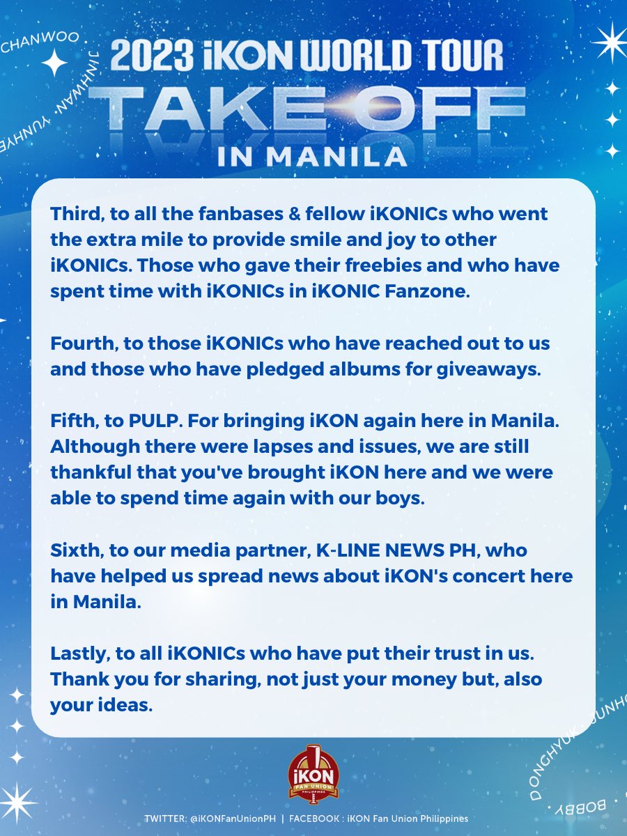 iKONFanUnionPH's tweet photo. Hi iKONICS,

We'd like to take this opportunity to thank each and everyone of you who made the PH fan projects successful.

Until the next... Get Ready? Showtime!

TAKE OFF WITH iKON
#iKON_TAKEOFFinMANILA
#iKONinMANILA2023
@iKONIC_143 #아이콘 #iKON https://t.co/IoEsrKTbFt