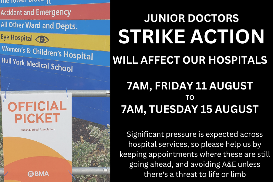 Junior doctors will begin further #strikeaction this Friday, continuing across the weekend and finishing at 7am on Tuesday 15 August. Please use #NHS111 - phone or online - for medical advice & info on local healthcare services available during this time. #juniordoctorsstrike