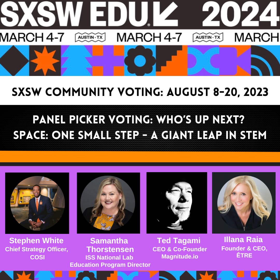 As Chair-Elect of the International Space Station National Lab's Education Sub-Committee, I'm honored to be part of this panel coming to SXSW EDU 2024 - and we need your vote!! PLEASE VOTE & SHARE HERE: panelpicker.sxsw.com/vote/143879 #SXSW2024 #sxswedu #STEM