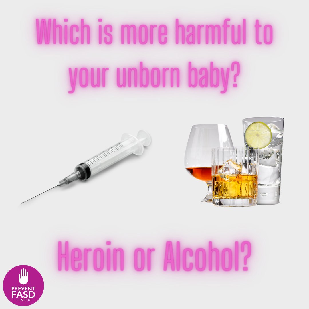 Which is more damaging for your unborn baby, alcohol / heroin? The answer might surprise you. 🤔

Alcohol is more dangerous to a developing fetus and its effects are permanent.

More about the impacts of alcohol in pregnancy here: bit.ly/3l4vHrY

#PreventFASD #expecting