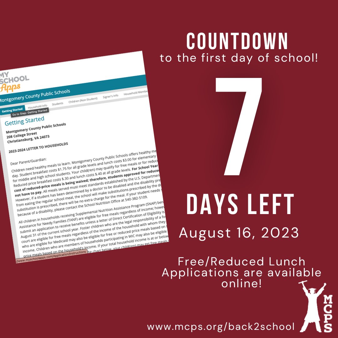 7 days until the first day of school! Visit mcps.org/back2school to complete the Free/Reduced Lunch application. #WeAreMCPS