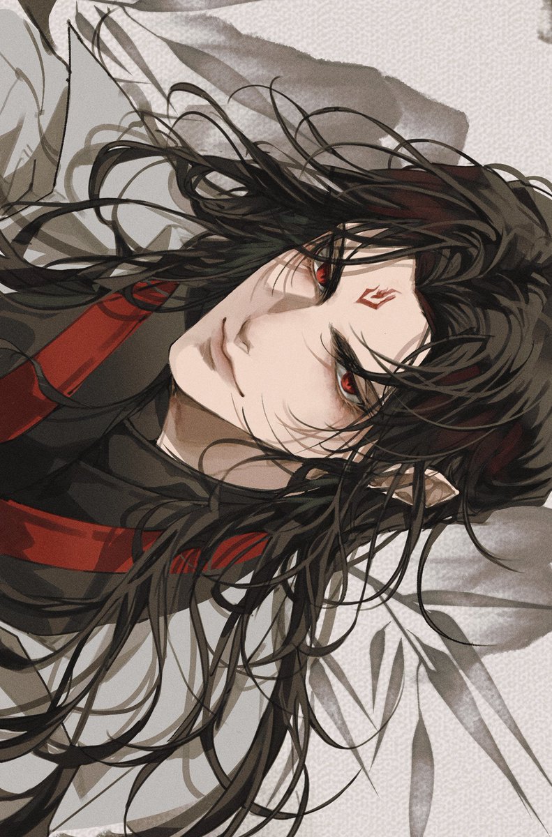 1boy male focus long hair black hair solo looking at viewer forehead mark  illustration images