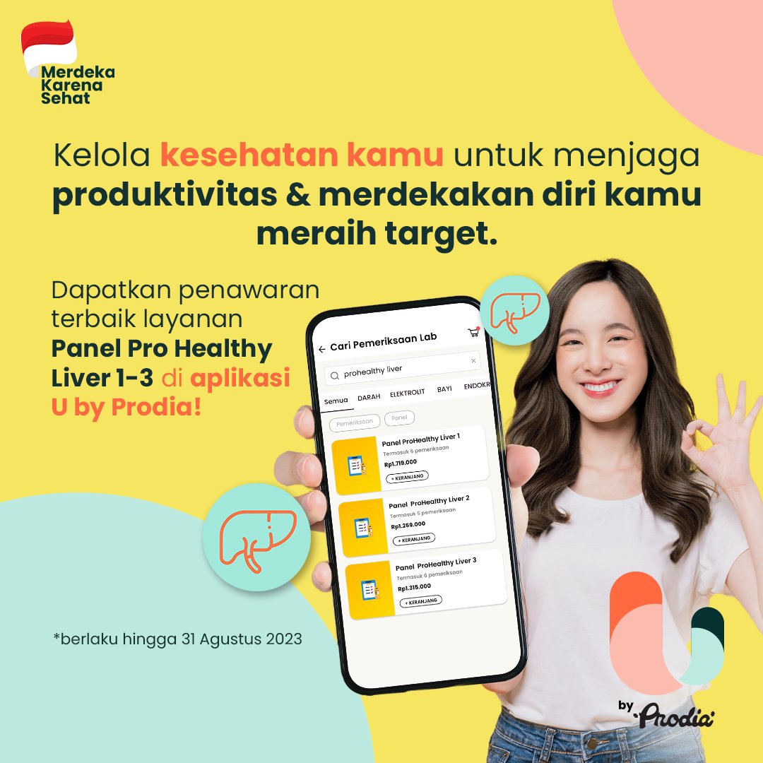 ubyprodia's tweet photo. Yuk lebih perhatiin kesehatan kamu biar bebas merdeka ngejar target! Dapetin layanan tes Panel Pro Healthy Liver 1-3 hemat 20% sampai dengan tanggal 31 Agustus 2023 di U by Prodia. 

Manfaatkan penawarannya sekarang juga!

#EverybodyisUnique #UbyProdia #HealthyDeals https://t.co/WHQQMgA4iB