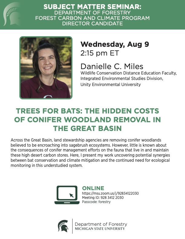 MSUbats's tweet photo. Hope you bat lovers are enjoying your summer! If you're free today (August 9th) at 2:15pm EST, check out TREES FOR BATS: THE HIDDEN COSTS OF CONIFER WOODLAND REMOVAL IN THE GREAT BASIN on Zoom! 🦇🌲

#bats https://t.co/tjddL7TNUx