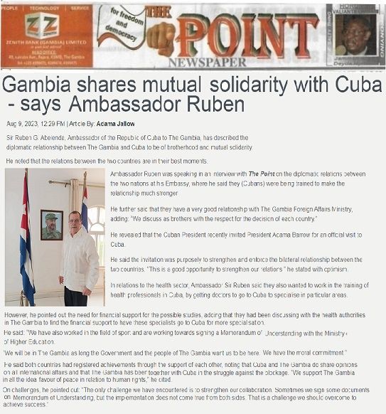 Publica diario #gambiano <a href="/PointGambia/">The Point Newspaper - The Gambia</a> entrevista a embajador #cubano sobre positivos nexos entre ambos países. #GambiaCubaSiempreUnidas #CubaAfrica <a href="/lamoros2017/">Luis Alberto Amorós Núñez</a> <a href="/CubaMINREX/">Cancillería de Cuba</a> <a href="/VictorGaute/">Víctor Gaute López</a> misiones.cubaminrex.cu/es/articulo/pu…