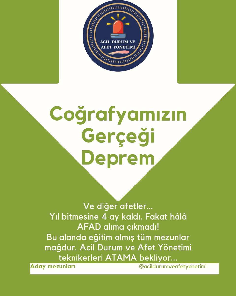 Acil Durum ve Afet Yönetimi önlisans bölüm mezunları UNUTULDU!!!

Sayın bakanım; <a href="/AliYerlikaya/">Ali Yerlikaya</a> 
Merkezi atama ile kılavuzu bekliyoruz.