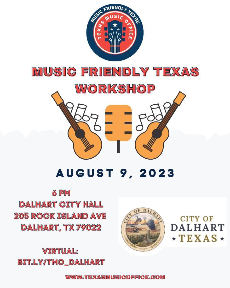 txmusicoffice's tweet photo. Today! Join us and the City of #DalhartTX for a hybrid #MusicFriendlyTexas Workshop at 6pm! Free and open to the public! https://t.co/gRt0e9ugyB