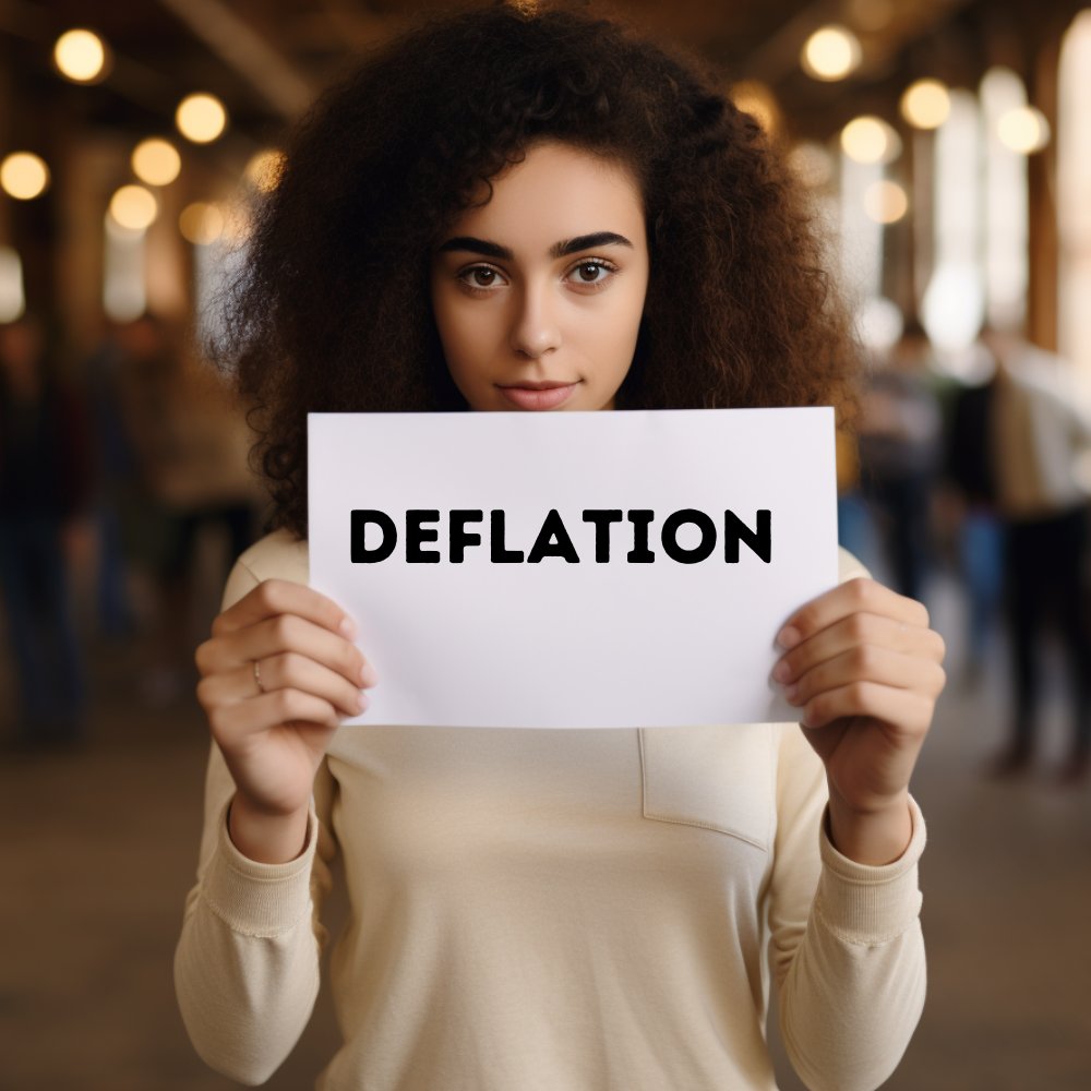 Laymensterm's tweet photo. Deflation in Layman's Terms:

Deflation is when prices of goods &amp; services go down. It means that the same amount of money can buy more things. This can happen due to more productivity, more available goods &amp; services, less people buying, or less money and credit in an economy. https://t.co/zHIr4kT1qd