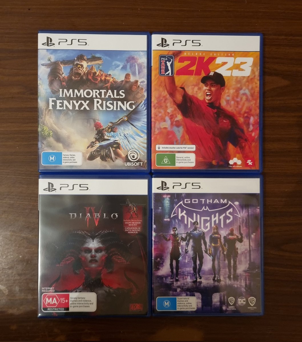 GameSlayer63's tweet photo. The Ps5 Games I Have on Disc Right Now
#ImmortalsFenyxRising #PGATour2K23 #DiabloIV #GothamKnights #Ps5 #VideoGames #DiscGames #SmallCollection #SlowlyGettingItUp #Playstation #Gamer #Gaming https://t.co/ytVBRLQbE8