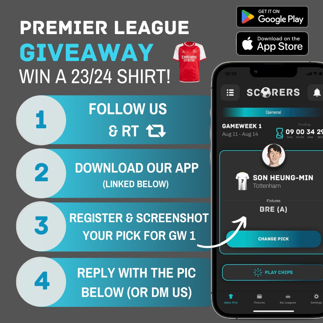 ⭐GIVEAWAY TIME ⭐

To celebrate the launch of SC⚽RERS we're giving away a 23/24 shirt OF YOUR CHOICE!

✅ FOLLOW US
♻️ RT this post
🤳 DOWNLOAD OUR APP
📝REGISTER (takes 1 min)
📸 REPLY OR DM US YOUR PICK FOR GW 1

Winner announced during GW1!

#FPL #FPLCommunity #Giveaway