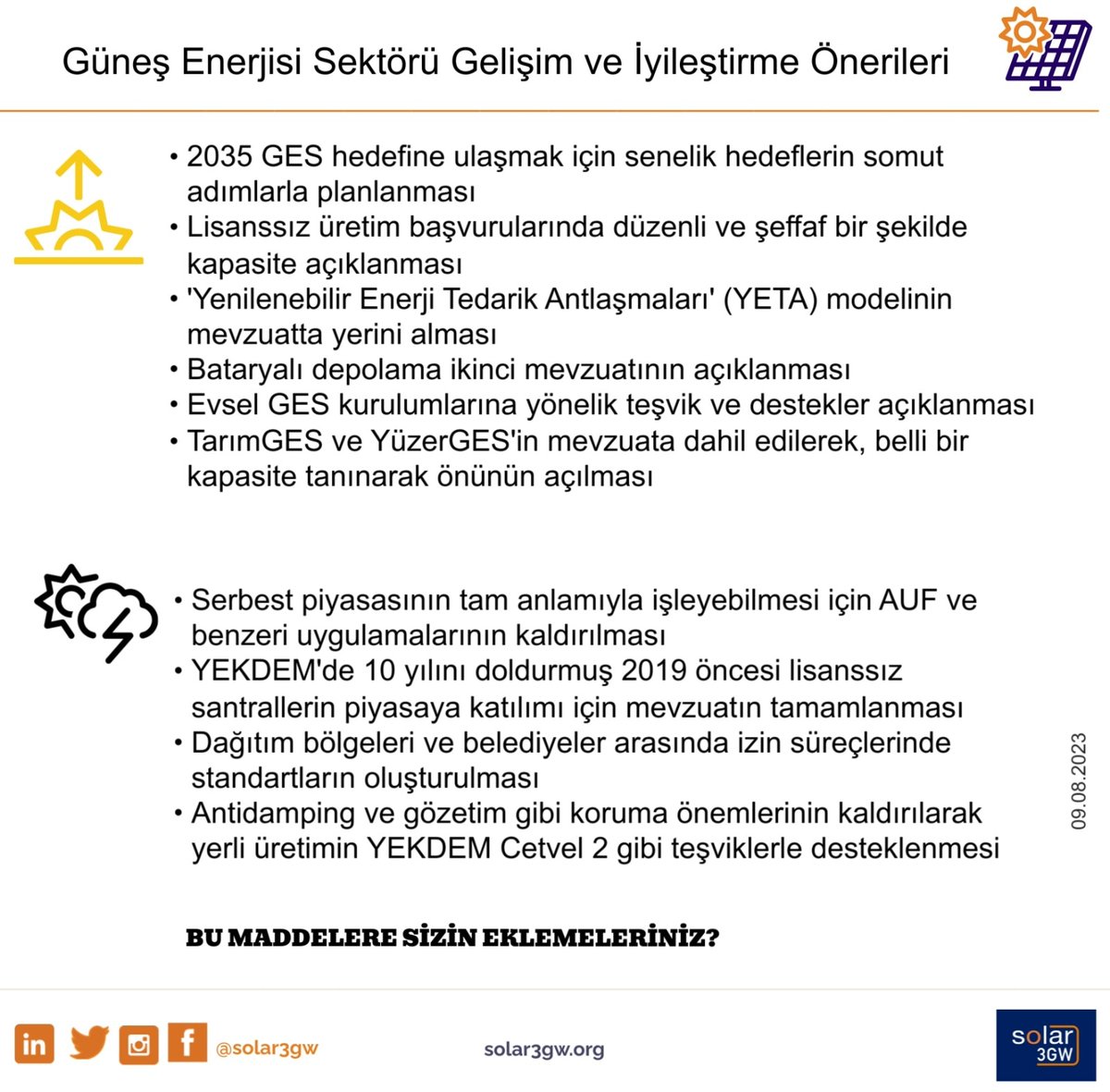 Ülkemizin geleceğin gelişmiş ülkeleri arasında yerini alabilmesi için, GES kapasitesini hızla arttırması gerektiğini, Solar3GW olarak, değişik vesilelerle ifade ediyoruz.  

#solar3GW #gunesbizeyeter #gunesenerjisi #solarpower #YETA