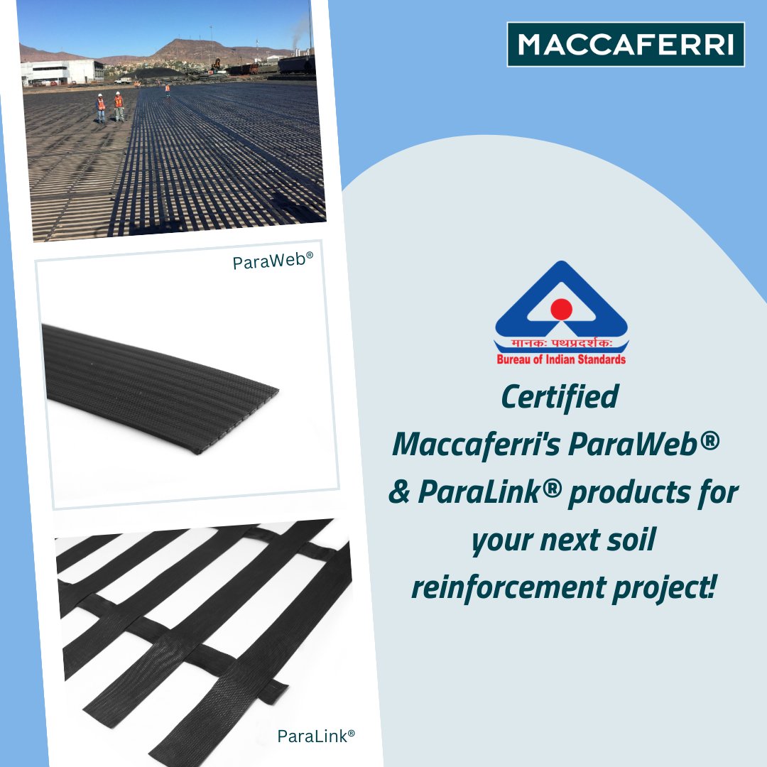 MaccaferriWorld's tweet photo. Bureau of @IndianStandards (#BIS) certified Maccaferri’s #ParaWeb® #geostrips & #ParaLink® #geogrids are ideal solutions for #soilreinforcement in various #civilengineering projects.
To know more write us at info.in@maccaferri.com.
@MORTHIndia @RailMinIndia @BROindia https://t.co/WKXKga6jrW