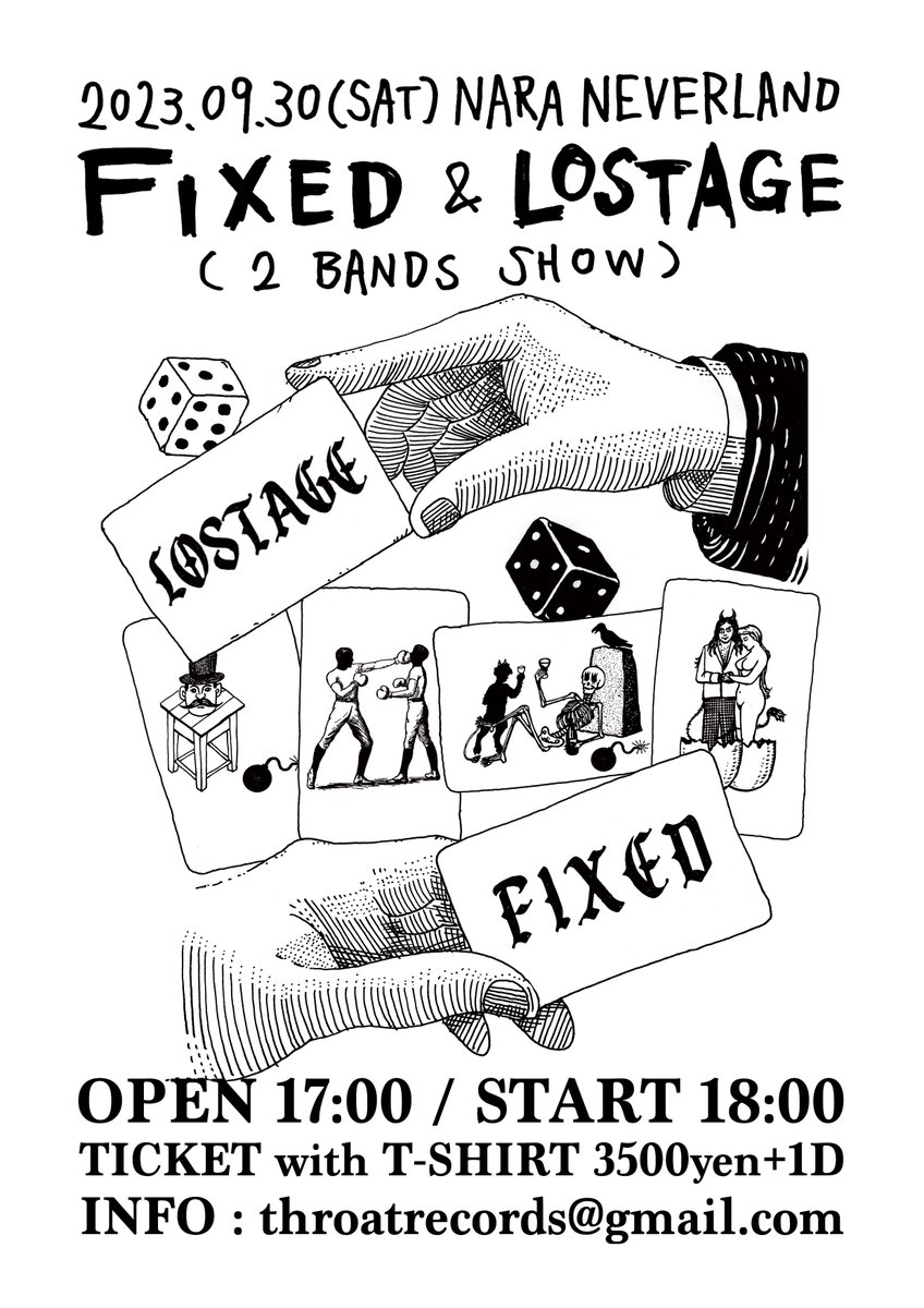 LOSTAGE's tweet photo. LOSTAGE新規ライブのお知らせ

2023.09.30(SAT)
NARA NEVERLAND

FIXED &amp; LOSTAGE (2 BANDS SHOW)

OPEN 17:00 / START 18:00
TICKET with T-SHIRT 3500yen + 1DRINK

INFO : throatrecords@gmail.com

チケットの予約方法と注意事項をご確認の上、ご予約よろしくお願いいたします！ https://t.co/IQb3Yu7wga