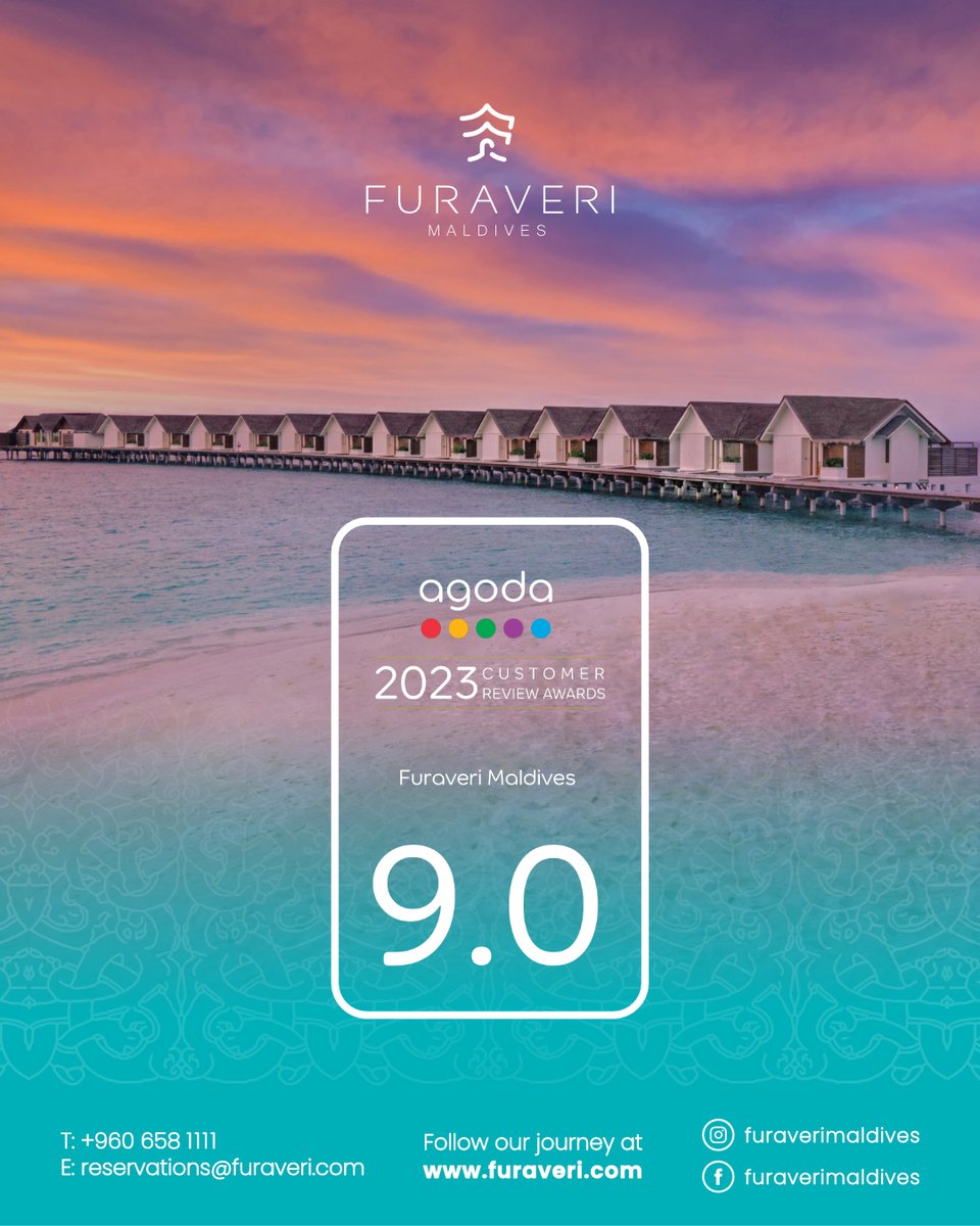 We are thrilled to share that Furaveri Maldives has been awarded with the "2023 Customer Review Awards" for achieving a remarkable score of 9.0 based on guest reviews on agoda.com. 

Grateful to our guests for their unwavering support!

#Furaveri #VisitMaldives
