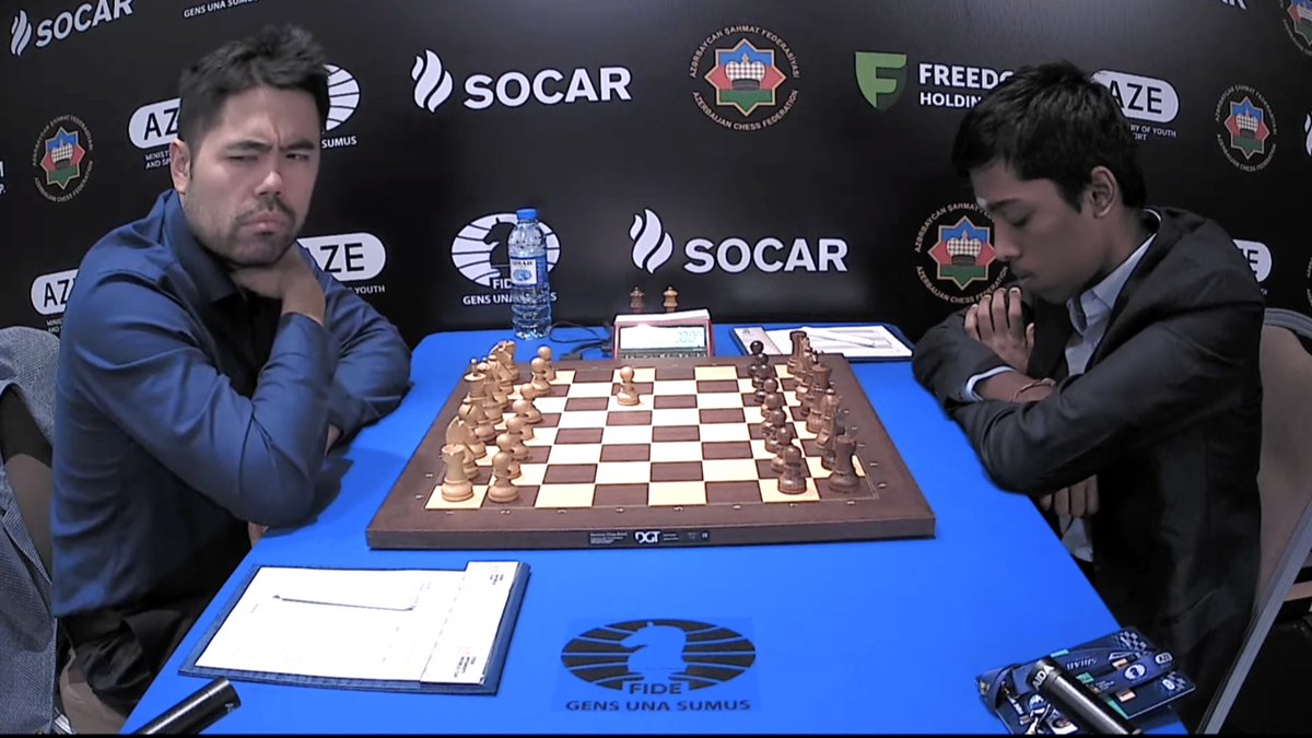 FIDE_chess's tweet photo. Round 4 has started! #FIDEWorldCup 

Top pairings - Open 👇
Keymer vs Carlsen
Nakamura vs Praggnanandhaa
Robson vs Caruana
Nepomniachtchi vs Sarin

Top pairings - Women 👇
Ju vs Paehtz
Batsiashvili vs Goryachkina
Koneru vs Khotenashvili
Zhu vs Tan

Watch the broadcast with IM/WGM Irene Sukandar and GM Irina Krush, and follow the games at https://t.co/dAGLCdOGpA