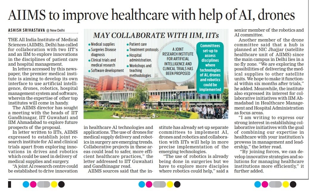 AshishOnGround's tweet photo. #AlIMS has called for a collaboration with IIT Gandhinagar & Guwahati and IIM Ahmedabad to explore innovations in the disciplines of Artificial Intelligence, Drones, Robotics, and hospital management system. Meetings with the heads of premier institutes have been sought. https://t.co/LD345Ddjob