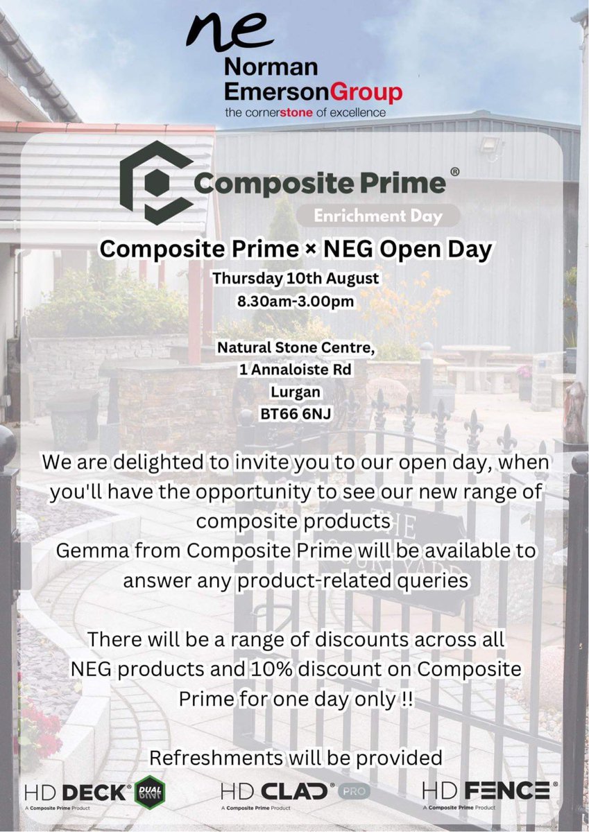 Composite Prime x NEG Open Day
Thursday 10th August
Natural Stone Centre
8.30am-3.00pm
 
We are delighted to invite you to our open day, when you’ll have the opportunity to see our new range of composite products.