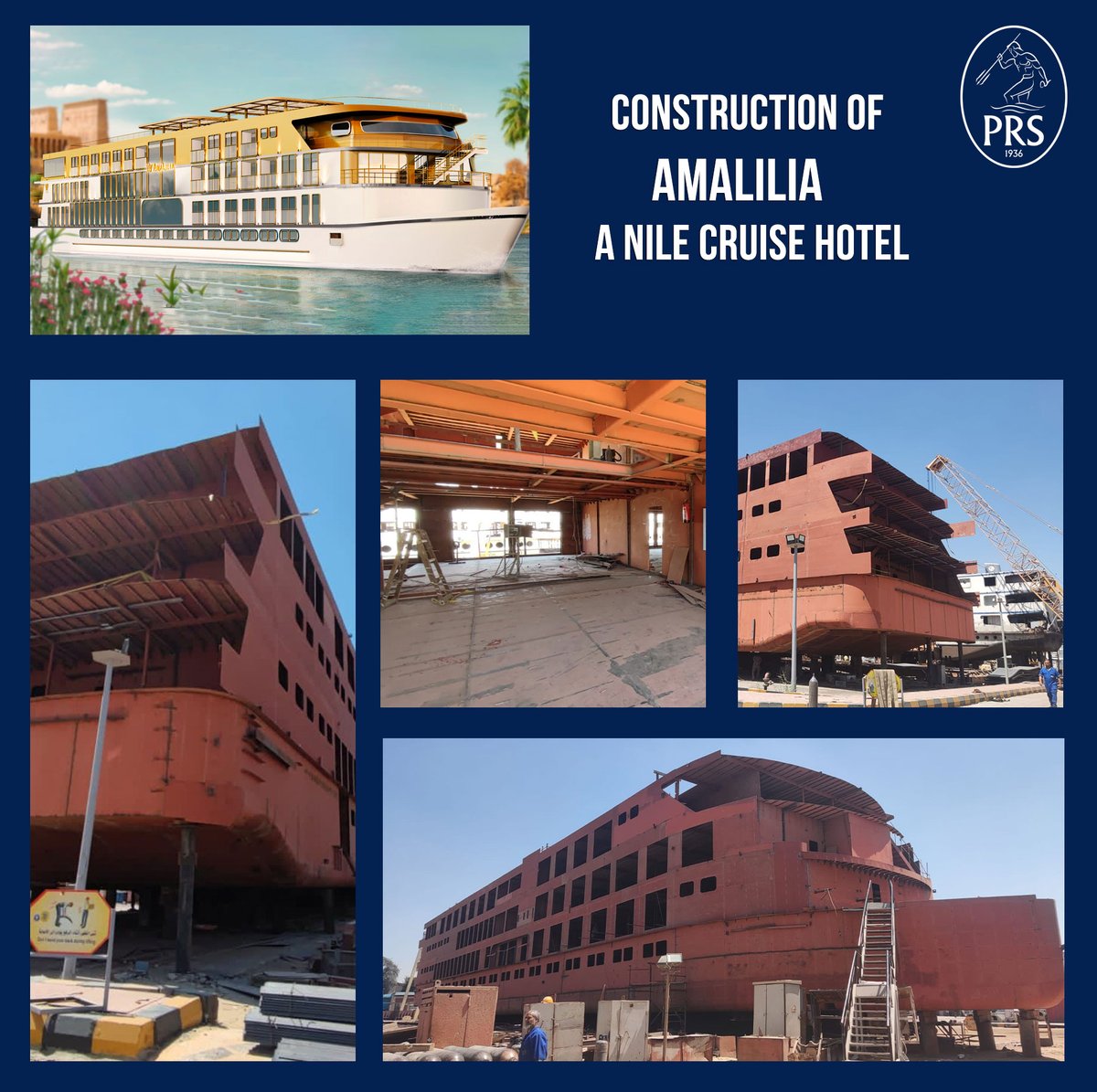 prsclass's tweet photo. Works on the construction of Ama Lilia, a  new Nile cruise hotel, is progressing.👷 The ship is planned to be ready in one year. 🚢 
This luxury floating hotel will be assigned with PRS class. PRS surveyors from the Cairo Branch Office are in charge of the project. 🔱👍
#prsclass https://t.co/4cZcfcvgXi