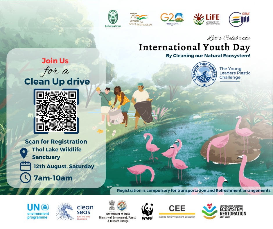 On the occasion of International Youth Day 2023, we are organizing a Clean Up Drive at "Thol Lake Wildlife Sanctuary"

Registration: forms.gle/6pjzAbDwJ5skBG…

We cordially invite you to join us to take a step towards a greener future.