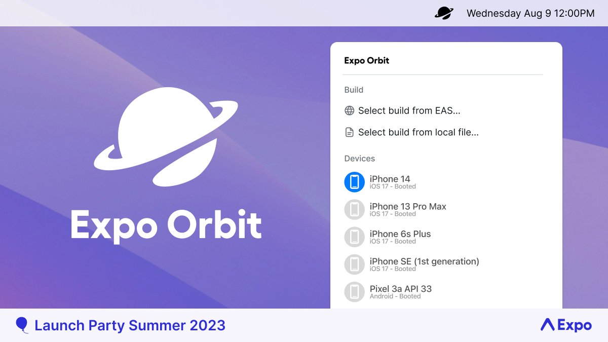 🚀 #ExpoLaunchParty Day 2 announcement:

Launching Expo Orbit — a macOS menu bar app for faster development workflows.

With Orbit, you can:

⬥Install &amp; launch builds from EAS with one click
⬥Launch Snack projects in simulators via links
⬥List &amp; launch simulators (even Android