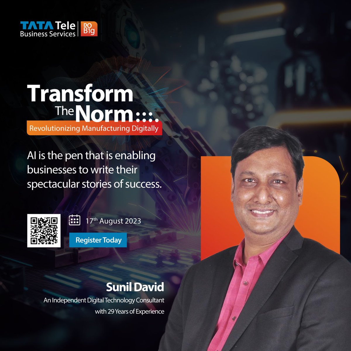 TataTeleBiz's tweet photo. Catch @davidsunilindia live at the virtual event, Transform the Norm - Revolutionizing Manufacturing Digitally.
Book your seat today: https://t.co/8GJr8VufSp
#TimeToDoBig #TransformtheNorm #Digitaltransformation #Industry40 #Manufacturing #Technology #SME https://t.co/FRtaEVbWFj