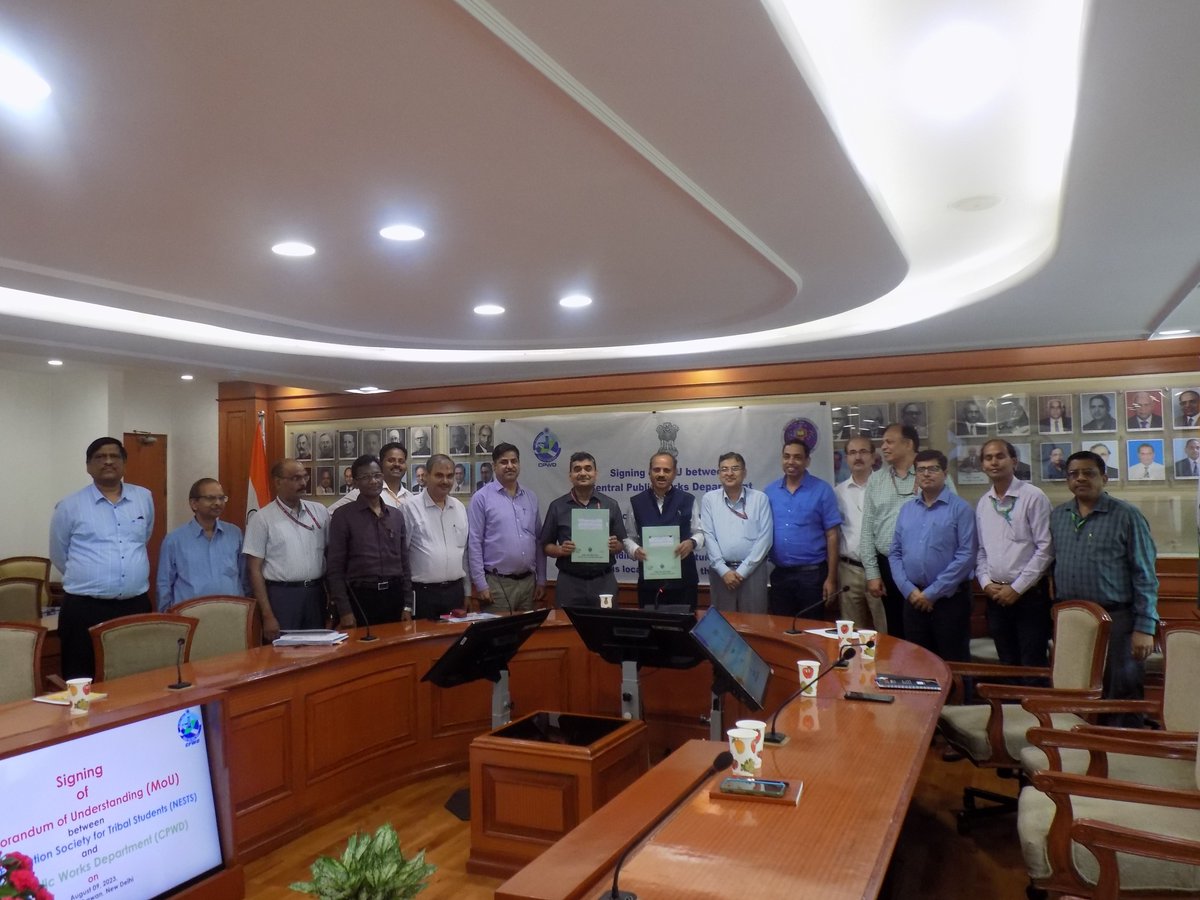 CPWDGOV's tweet photo. #MoU signed between #CPWD & National Education Society for Tribal Students (#NESTS) for the construction and upgradation of #EMRSs building & infrastructural services at various locations across the country on August 09, 2023 https://t.co/F04aYVppmT