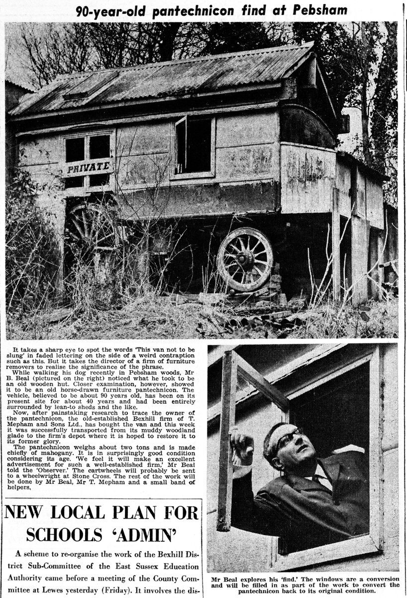 AnnieBrassey's tweet photo. Horse-drawn furniture pantechnicon from the 1880s discovered as part of a building in Pebsham Woods, Sussex. @BexhillObs 14.3.1970. #WyrdWednesday #Pebsham #Bexhill #Sussex #History #1880s #1990s https://t.co/ApkEC8xNvo