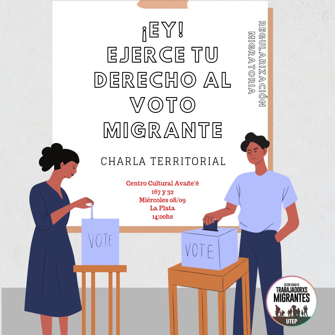 SecMigranteUTEP's tweet photo. 🗳️ La Plata || Charla sobre el Derecho al Voto de la Comunidad Migrante en CABA y la PBA
En el Centro Cultural Avañe'e nos juntamos entre compañeras/os  a días de las elecciones PASO a charlar sobre el derecho al voto de la comunidad migrante en CABA y en la PBA https://t.co/9hmuZJvjCZ