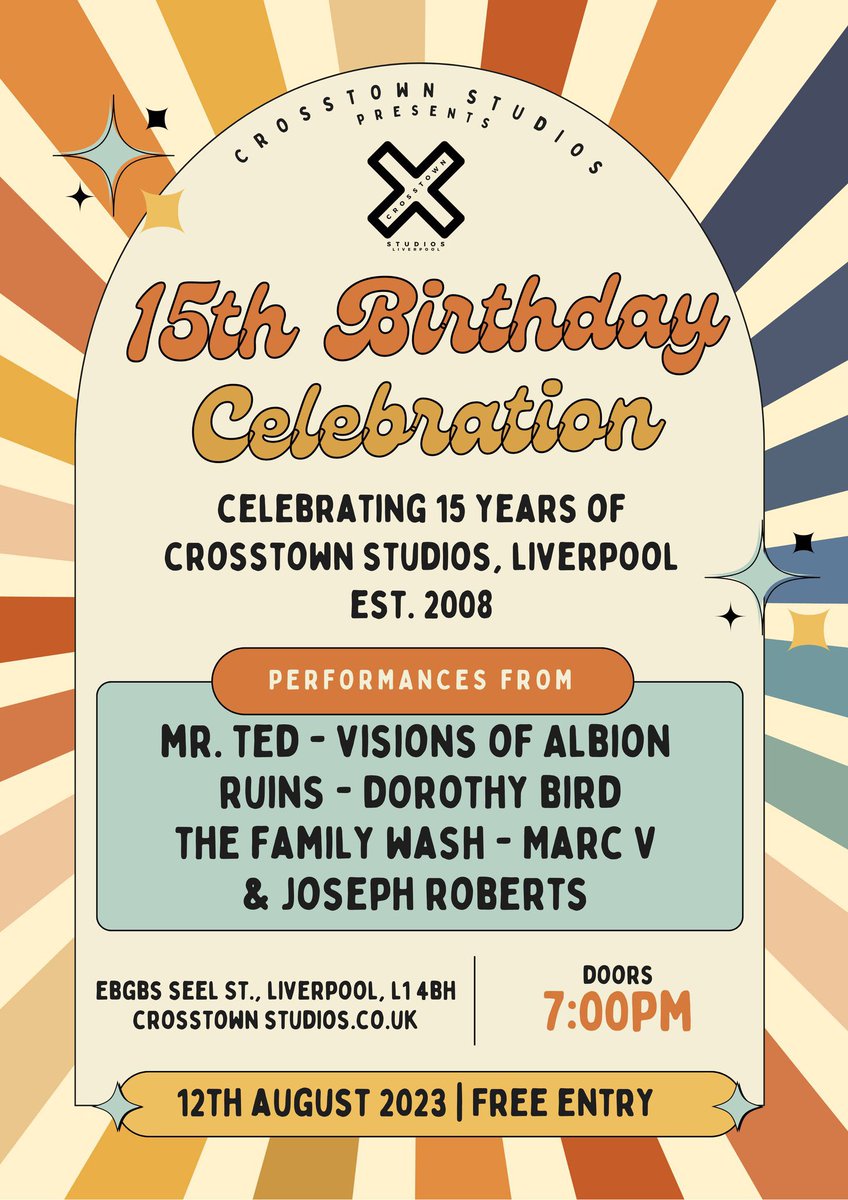 THIS SATURDAY 12TH AUGUST @crosstownstudio 15th anniversary show at @ebgbsliverpool with @JonLawtonMusic Mr Ted, Ruins, @DorothyBird18 @TheFamilyWash Marc V, and Joseph Roberts - GET DOWN and support your local independents! Oh, and it's FREE! 7pm doors!