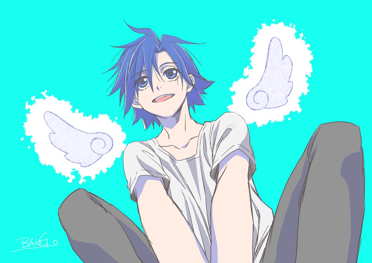 1boy male focus solo blue hair wings blue eyes shirt  illustration images